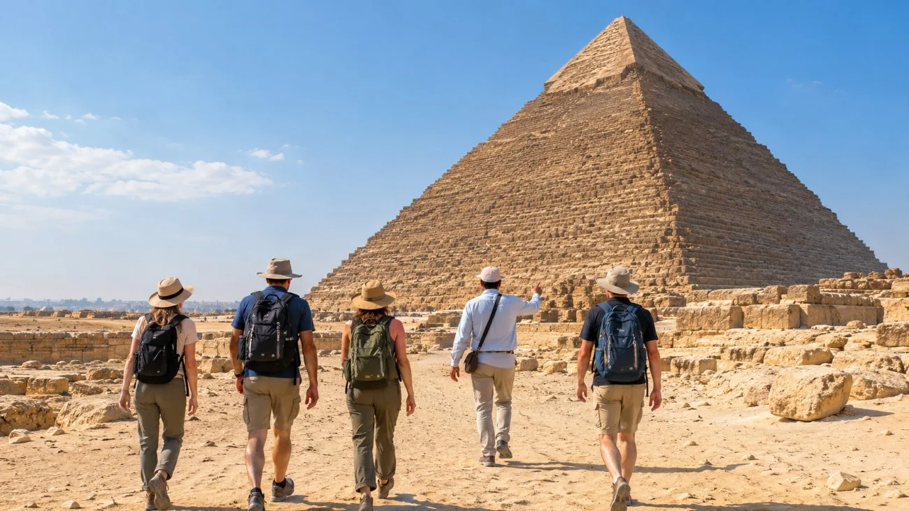 ’n Klein groep met ’n gids wat oor die sand loop na die Groot Piramide van Giza in oggendlig, van agter gesien