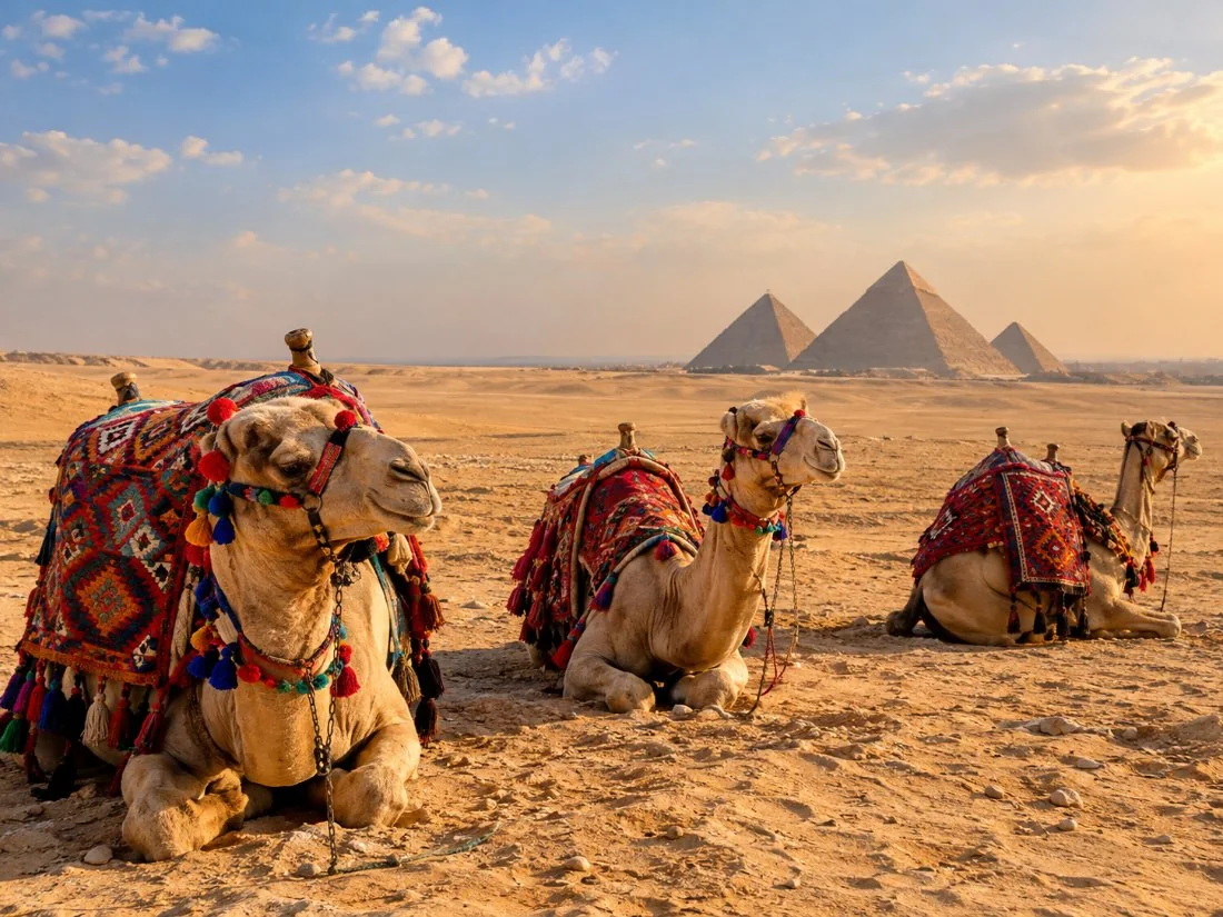 Kamele wat rus op die sand aan die rand van die woestyn met die piramides van Giza in die verte