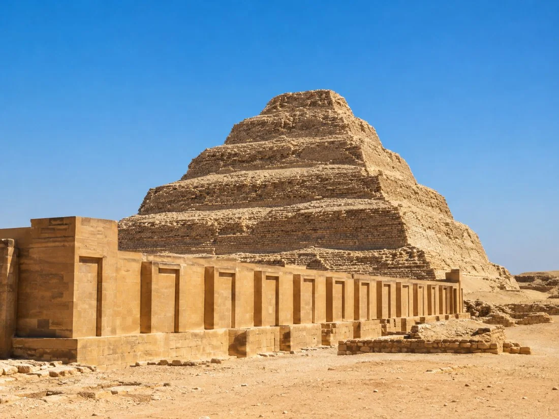 Die ses-trap Piramide van Djoser by Saqqara onder ’n helder blou hemel