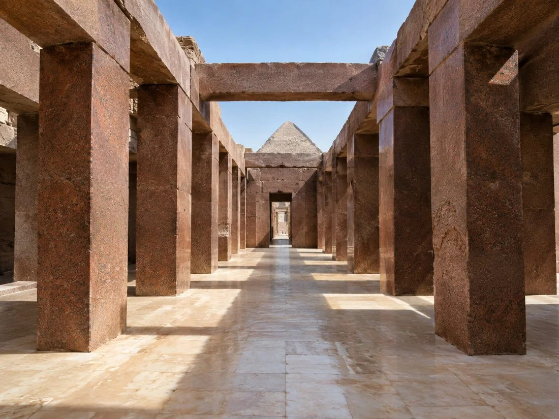 Rooi granietpilare en latei binne die Valleitempel van Khafre langs die Sfinks